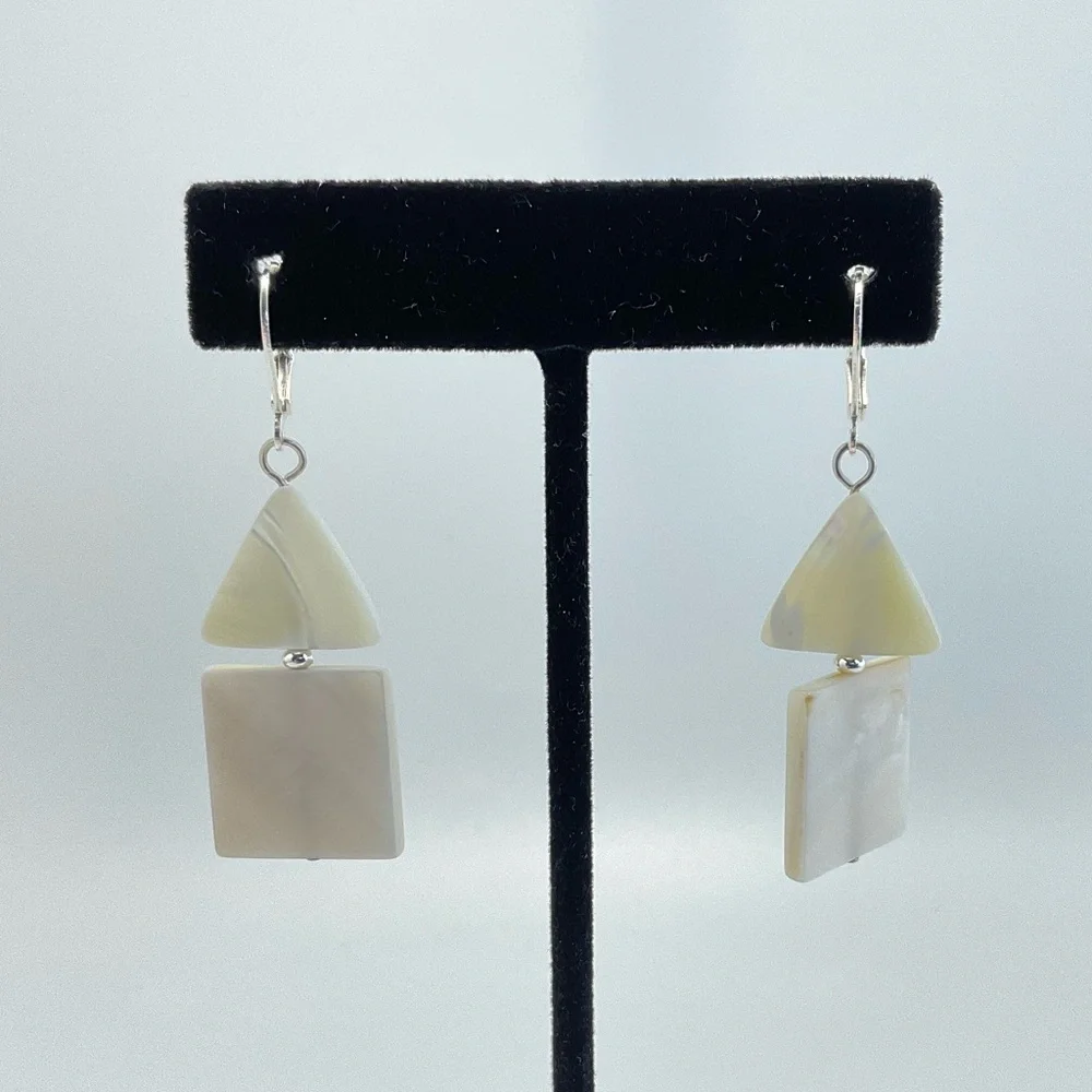 Mod Mother of Pearl Earrings, Handmade, Triangles & Squares, Neutral